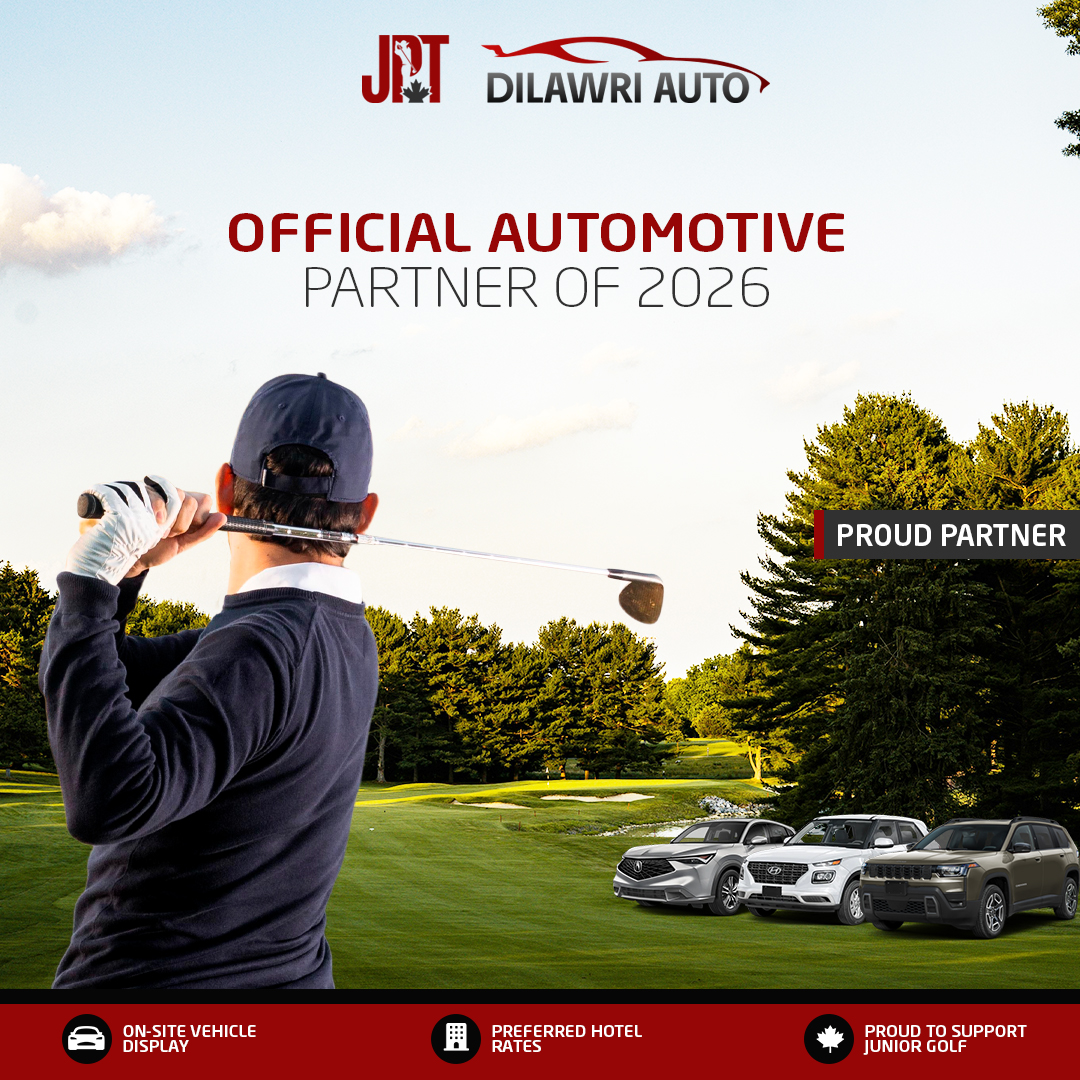 Partenariat officiel Dilawri Auto et Junior Players Tour 2026 avec golfeur sur terrain et véhicules exposés à Ottawa-Gatineau.